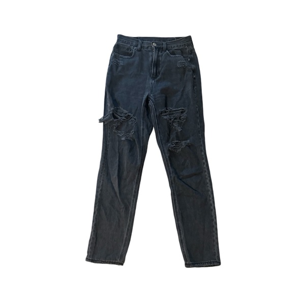 American Eagle Mom Jean Womens 24”HighRise 90s Black Gray Rigid Retro Distressed - Picture 1 of 4